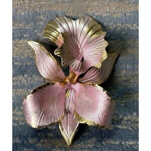 Vintage Cerrito 1982 Pink Enamel Orchid Flower Gold Tone Pin Brooch Collectible